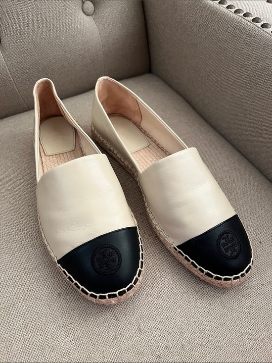 Tory Burch Shoes - Tory Burch Cream and Black Leather Espadrille Flats